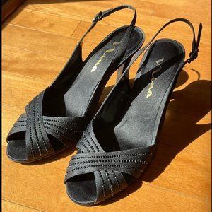 Touch of Nina Black Satin Rhinestone Peep Toe Slingback Heels